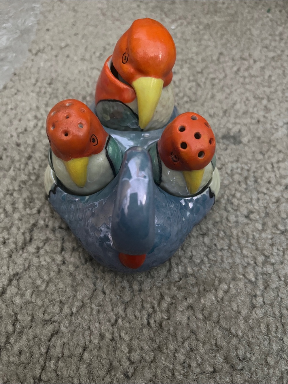 Vintage Lusterware Ceramic Parrot Salt and Pepper Shaker Set - Blue and Orange